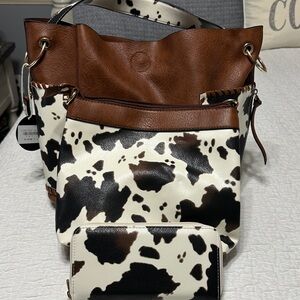 Brown & Cowprint Women’s soft leather Tote Bag, with wallet & make up bag!